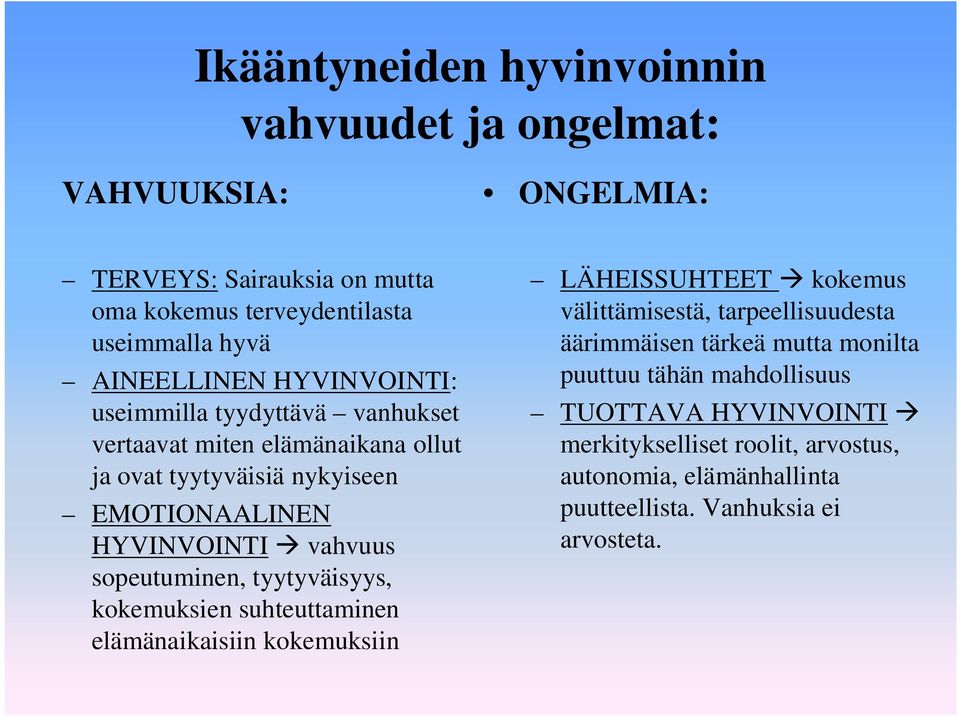 vahvuus sopeutuminen, tyytyväisyys, kokemuksien suhteuttaminen elämänaikaisiin kokemuksiin LÄHEISSUHTEET kokemus välittämisestä, tarpeellisuudesta