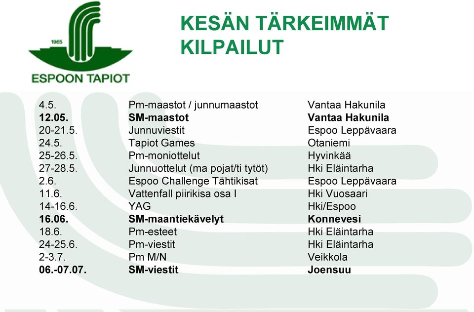 6. Vattenfall piirikisa osa I Hki Vuosaari 14-16.6. YAG Hki/Espoo 16.06. SM-maantiekävelyt Konnevesi 18.6. Pm-esteet Hki Eläintarha 24-25.