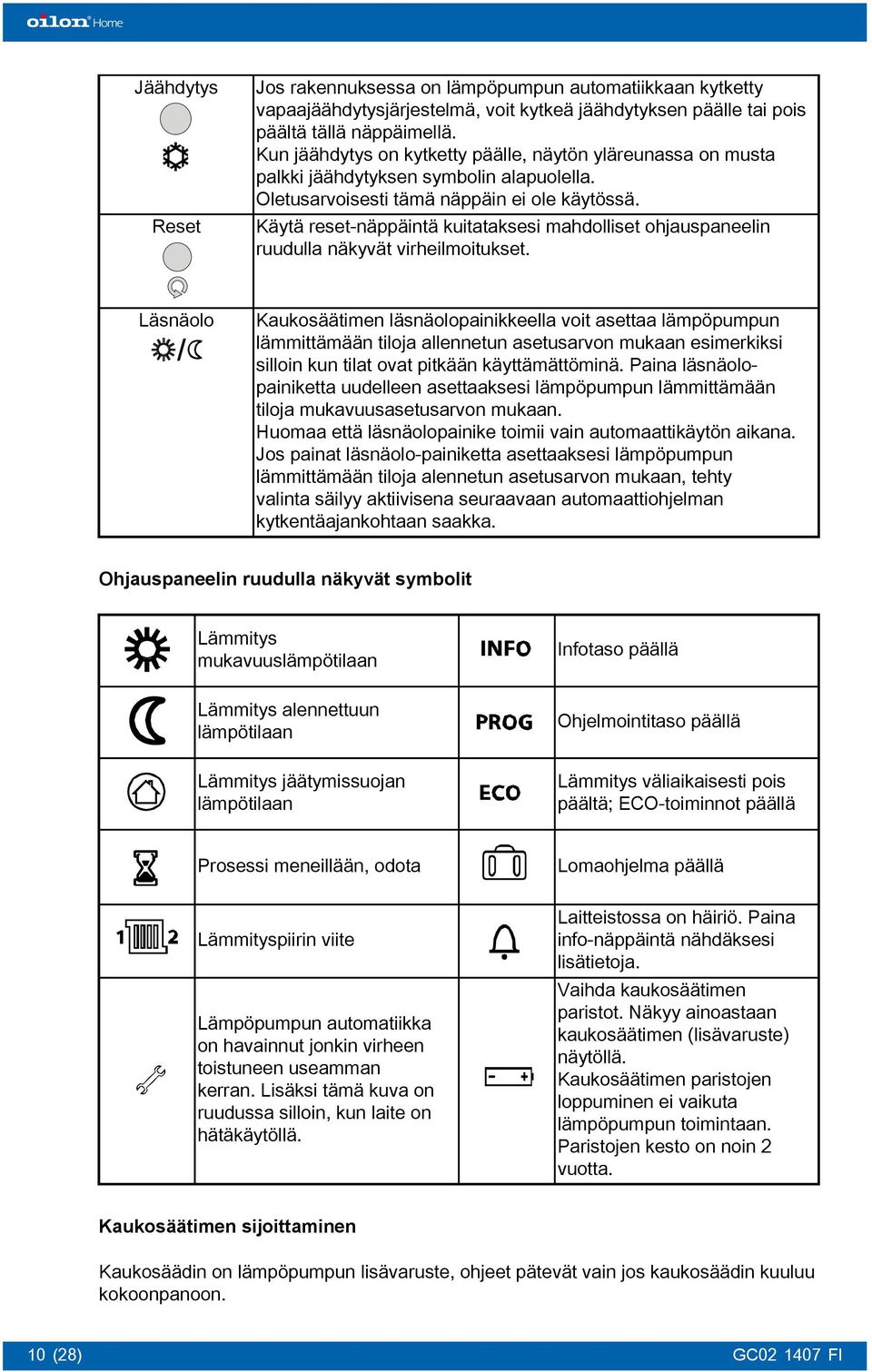 Käytä reset-näppäintä kuitataksesi mahdolliset ohjauspaneelin ruudulla näkyvät virheilmoitukset.