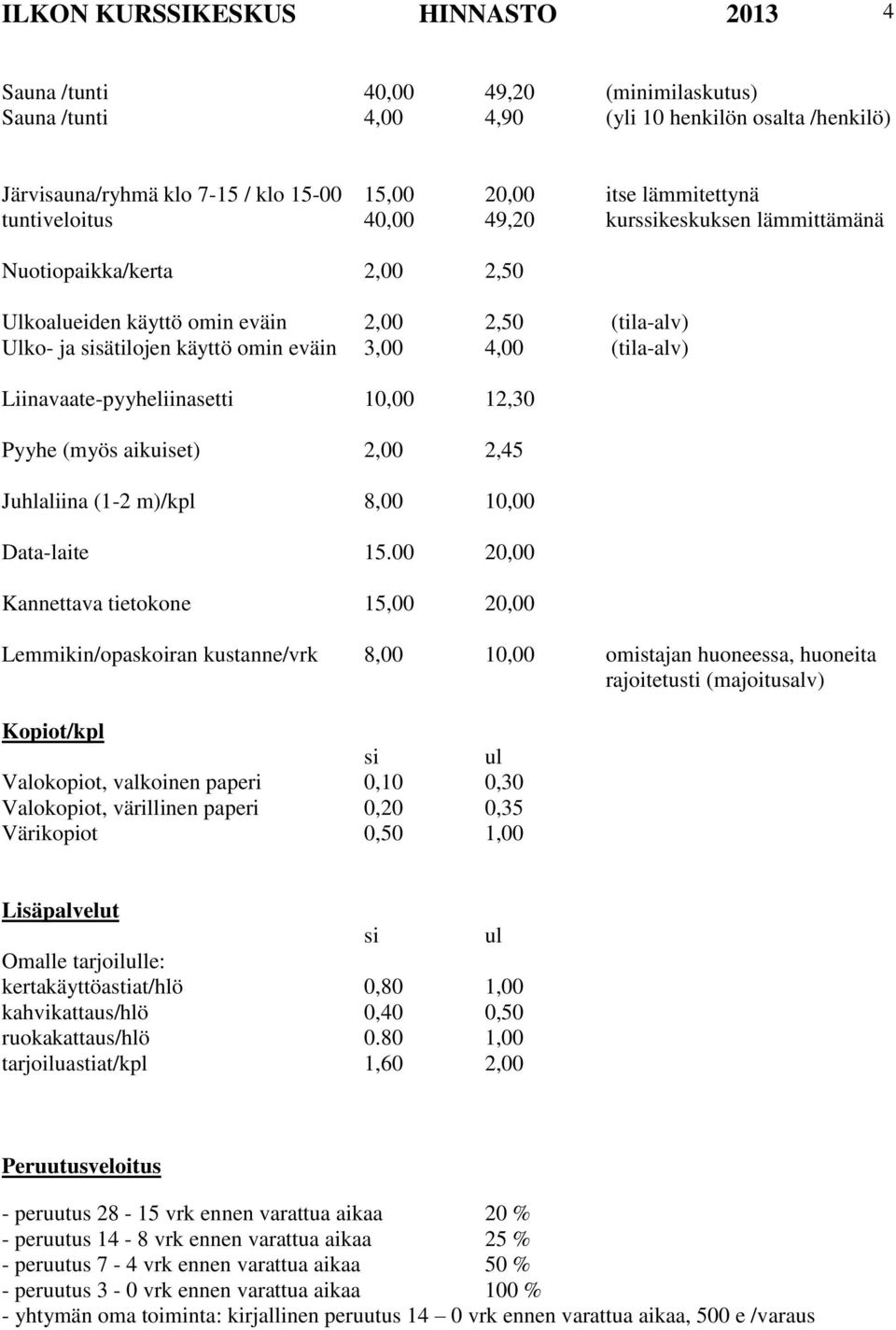 (tila-alv) Liinavaate-pyyheliinasetti 10,00 12,30 Pyyhe (myös aikuiset) 2,00 2,45 Juhlaliina (1-2 m)/kpl 8,00 10,00 Data-laite 15.