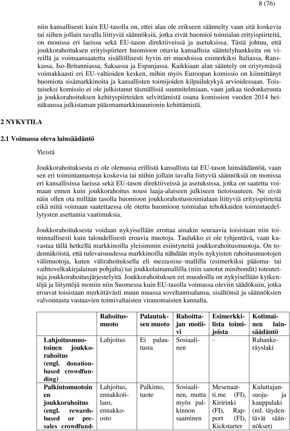 Tästä johtuu, että joukkorahoituksen erityispiirteet huomioon ottavia kansallisia sääntelyhankkeita on vireillä ja voimaansaatettu sisällöllisesti hyvin eri muodoissa esimerkiksi Italiassa,