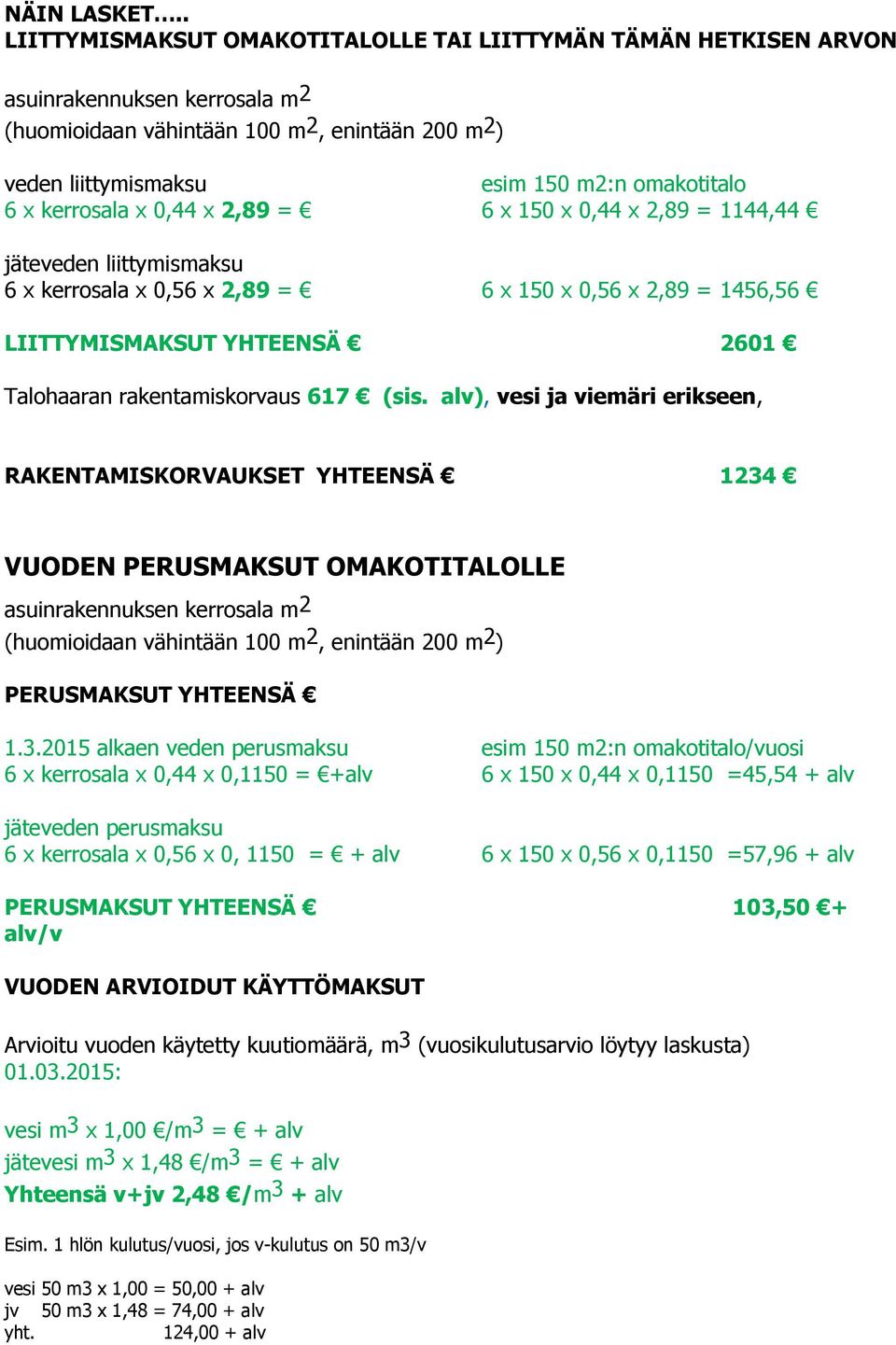 x kerrosala x 0,44 x 2,89 = 6 x 150 x 0,44 x 2,89 = 1144,44 jäteveden liittymismaksu 6 x kerrosala x 0,56 x 2,89 = 6 x 150 x 0,56 x 2,89 = 1456,56 LIITTYMISMAKSUT YHTEENSÄ 2601 Talohaaran