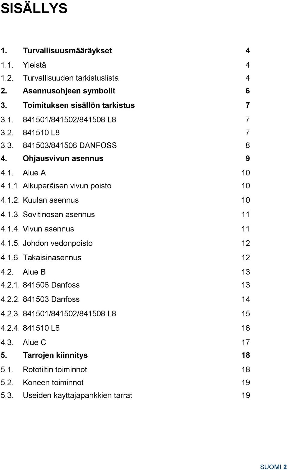 1.4. Vivun asennus 11 4.1.5. Johdon vedonpoisto 12 4.1.6. Takaisinasennus 12 4.2. Alue B 13 4.2.1. 841506 Danfoss 13 4.2.2. 841503 Danfoss 14 4.2.3. 841501/841502/841508 L8 15 4.