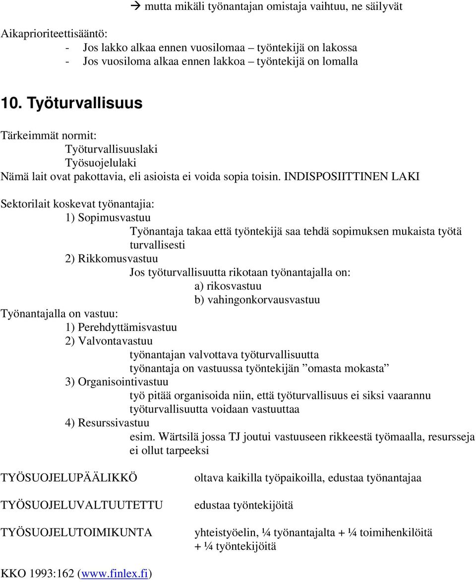 INDISPOSIITTINEN LAKI Sektorilait koskevat työnantajia: 1) Sopimusvastuu Työnantaja takaa että työntekijä saa tehdä sopimuksen mukaista työtä turvallisesti 2) Rikkomusvastuu Jos työturvallisuutta