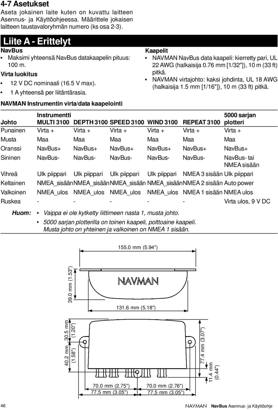 NAVMAN Instrumentin virta/data kaapelointi Instrumentti 5000 sarjan Johto MULTI 3100 DEPTH 3100 SPEED 3100 WIND 3100 REPEAT 3100 plotteri Virta + Virta + Virta + Virta + Virta + Virta + Maa Maa Maa