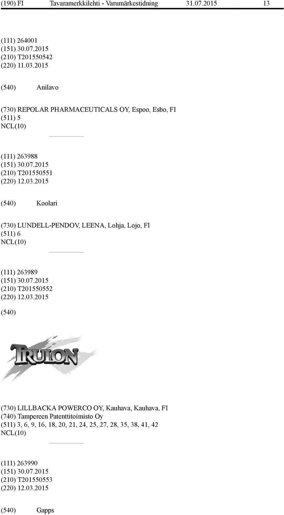 2015 Koolari (730) LUNDELL-PENDOV, LEENA, Lohja, Lojo, FI (511) 6 (111) 263989 (210) T201550552 (220) 12.03.