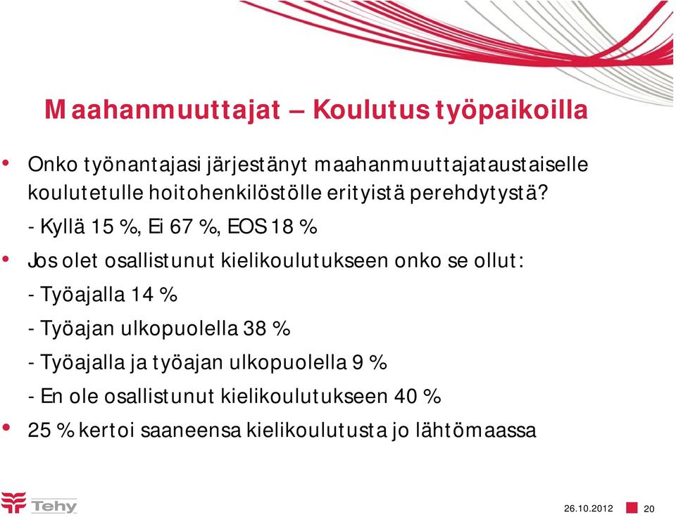 - Kyllä 15 %, Ei 67 %, EOS 18 % Jos olet osallistunut kielikoulutukseen onko se ollut: - Työajalla 14 % -