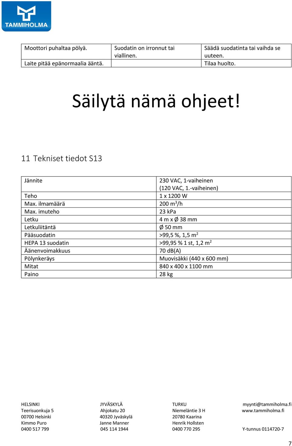 11 Tekniset tiedot S13 Jännite 230 VAC, 1-vaiheinen (120 VAC, 1.-vaiheinen) Teho 1 x 1200 W Max. ilmamäärä 200 m 3 /h Max.