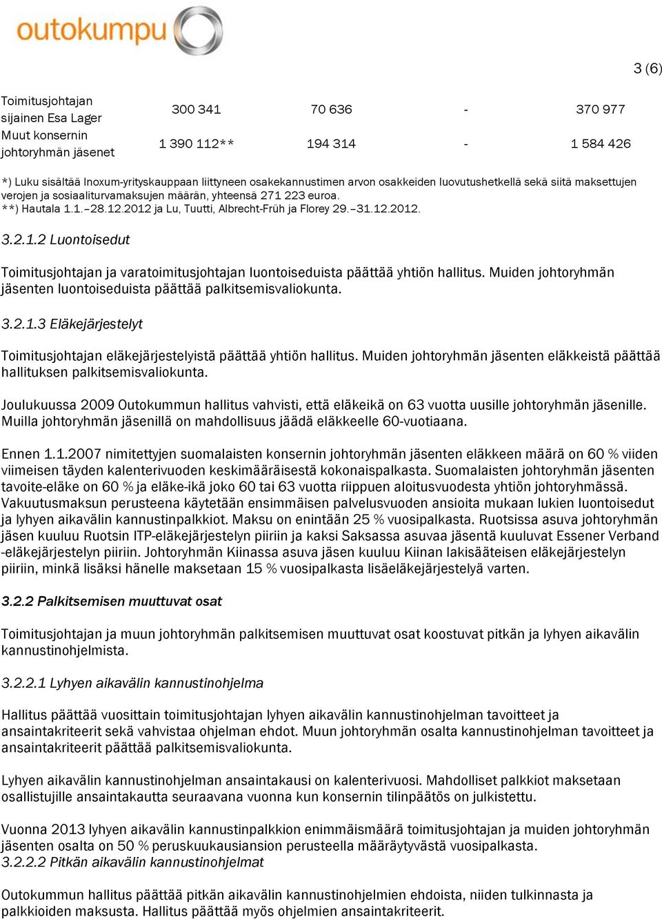 223. **) Hautala 1.1. 28.12.2012 ja Lu, Tuutti, Albrecht-Früh ja Florey 29. 31.12.2012. 3.2.1.2 Luontoisedut Toimitusjohtajan ja varatoimitusjohtajan luontoiseduista päättää yhtiön hallitus.