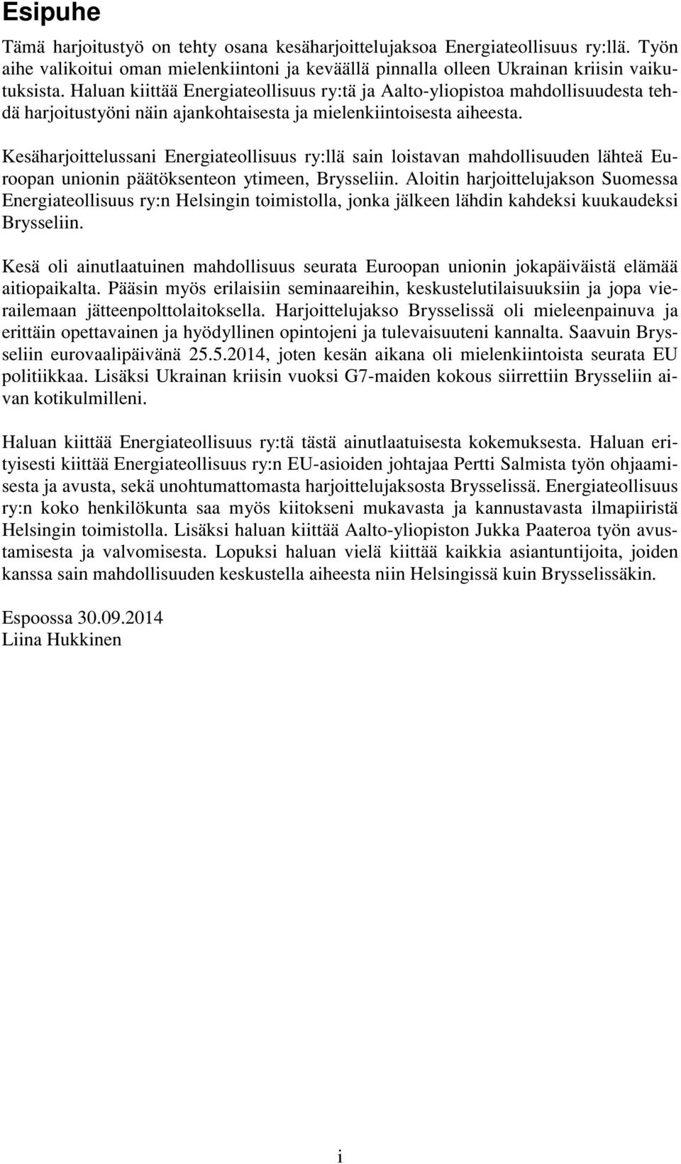 Kesäharjoittelussani Energiateollisuus ry:llä sain loistavan mahdollisuuden lähteä Euroopan unionin päätöksenteon ytimeen, Brysseliin.