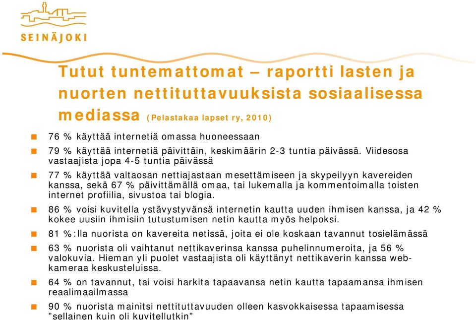 Viidesosa vastaajista jopa 4-5 tuntia päivässä 77 % käyttää valtaosan nettiajastaan mesettämiseen ja skypeilyyn kavereiden kanssa, sekä 67 % päivittämällä omaa, tai lukemalla ja kommentoimalla