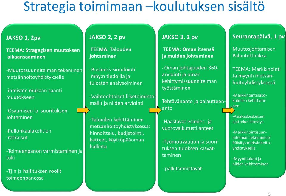 -ratkaisut -Toimeenpanon varmistaminen ja tuki -Tj:n ja hallituksen roolit toimeenpanossa -Business-simulointi mhy:n tiedoilla ja tulosten analysoiminen -Vaihtoehtoiset liiketoimintamallit ja niiden