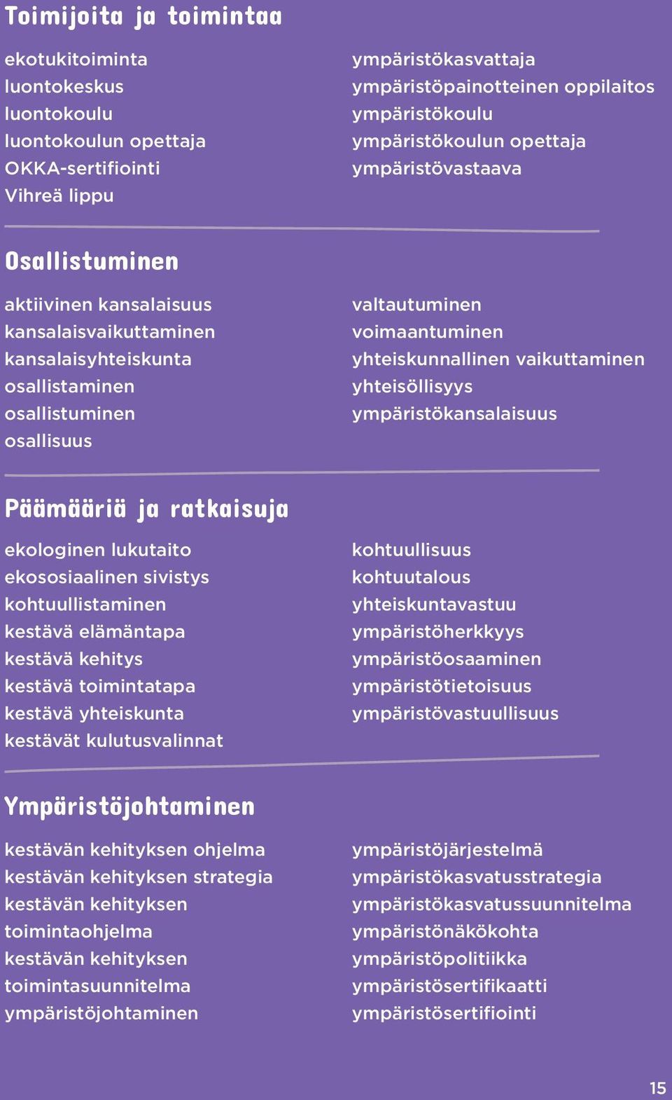 yhteiskunnallinen vaikuttaminen yhteisöllisyys ympäristökansalaisuus Päämääriä ja ratkaisuja ekologinen lukutaito ekososiaalinen sivistys kohtuullistaminen kestävä elämäntapa kestävä kehitys kestävä