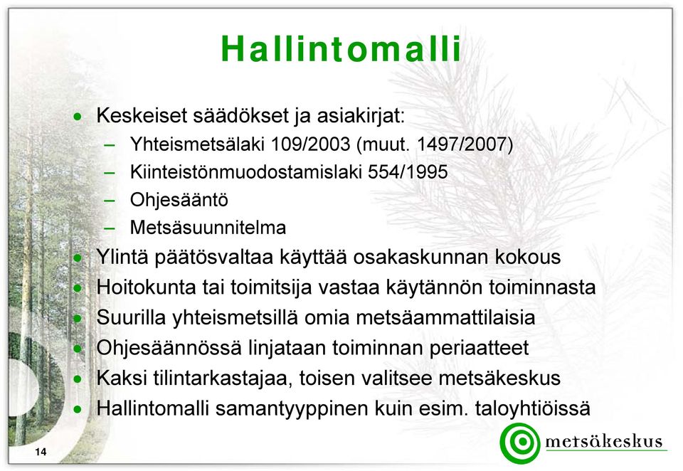 kokous Hoitokunta tai toimitsija vastaa käytännön toiminnasta Suurilla yhteismetsillä omia metsäammattilaisia