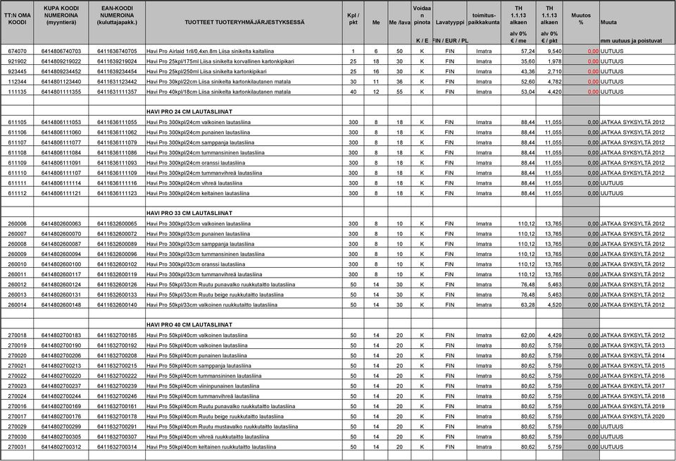 1,978 0,00 UUTUUS 923445 6414809234452 6411639234454 Havi Pro 25kpl/250ml Liisa siikelta kartokipikari 25 16 30 K FIN Imatra 43,36 2,710 0,00 UUTUUS 112344 6414801123440 6411631123442 Havi Pro