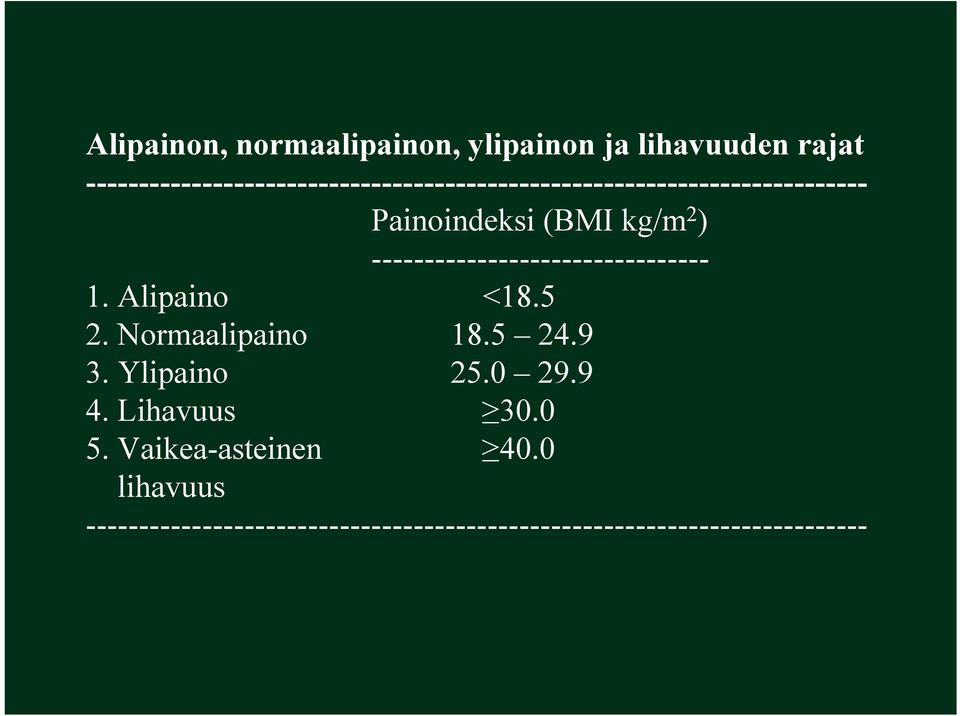 kg/m 2 ) -------------------------------- 1. Alipaino <18.5 2. Normaalipaino 18.5 24.9 3.