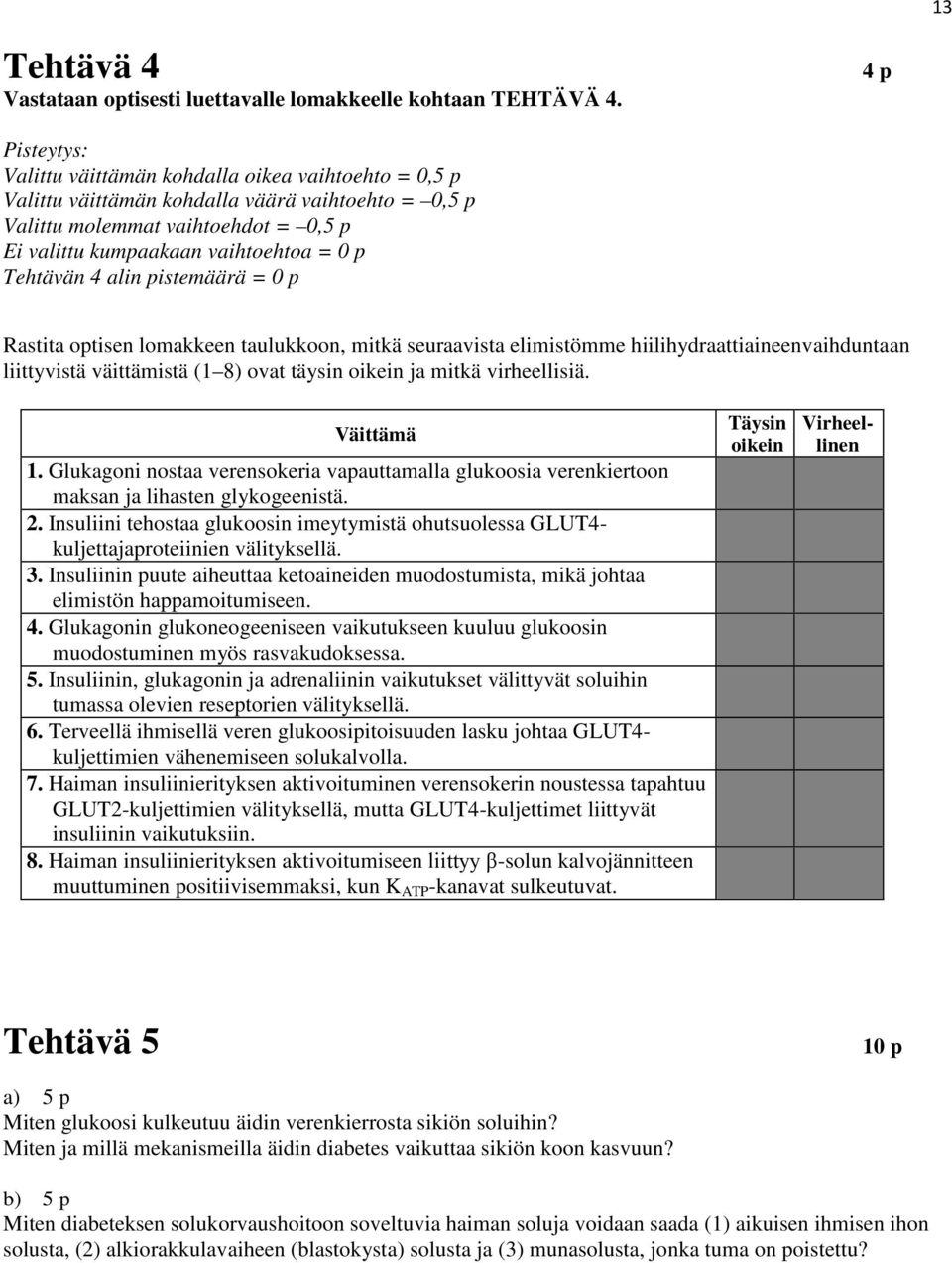 Tehtävän 4 alin pistemäärä = 0 p Rastita optisen lomakkeen taulukkoon, mitkä seuraavista elimistömme hiilihydraattiaineenvaihduntaan liittyvistä väittämistä (1 8) ovat täysin oikein ja mitkä