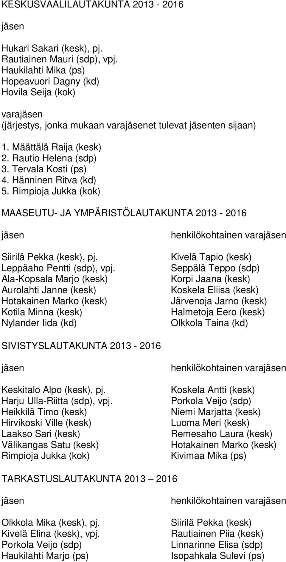 Rimpioja Jukka (kok) MAASEUTU- JA YMPÄRISTÖLAUTAKUNTA 2013-2016 Siirilä Pekka (kesk), pj. Leppäaho Pentti (sdp), vpj.