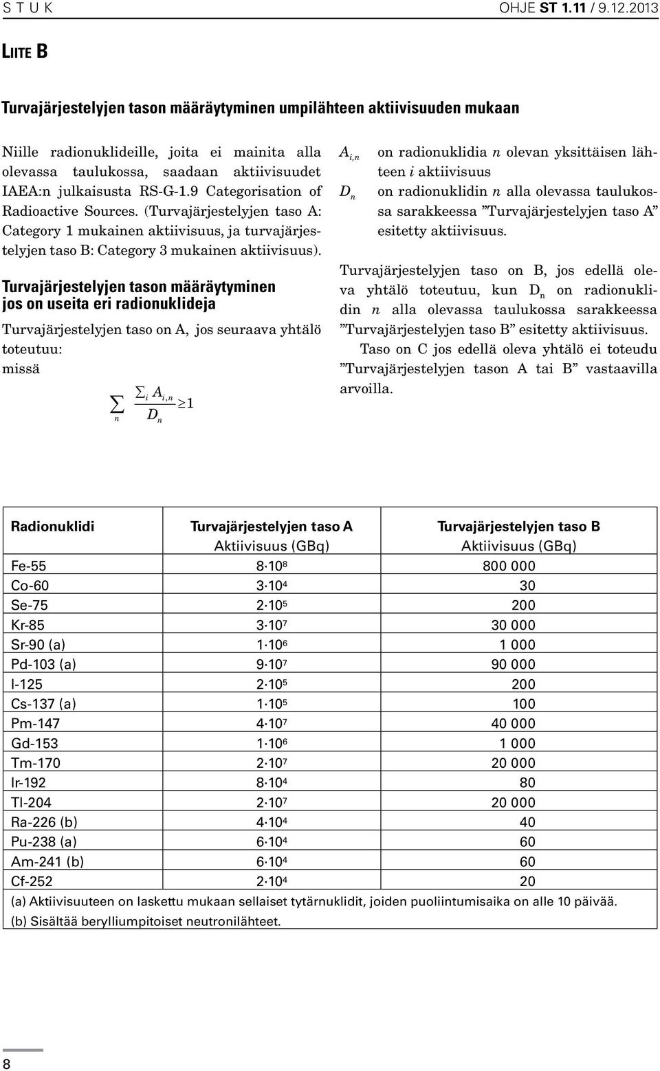 RS-G-1.9 Categorisation of Radioactive Sources. (Turvajärjestelyjen taso A: Category 1 mukainen aktiivisuus, ja turvajärjestelyjen taso B: Category 3 mukainen aktiivisuus).