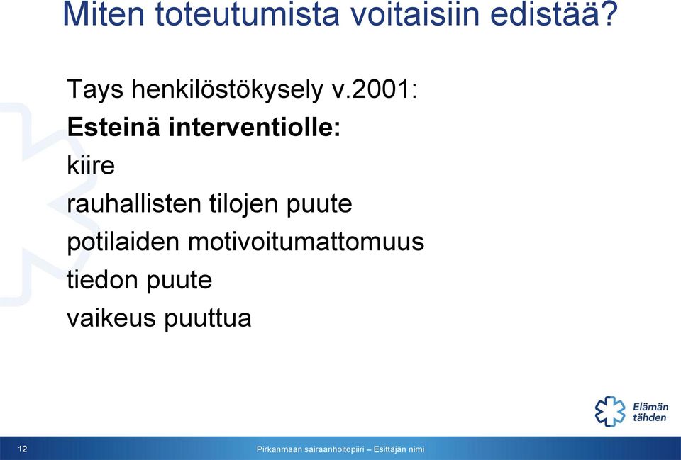 2001: Esteinä interventiolle: kiire