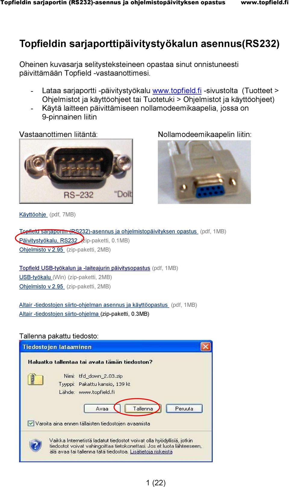 9-pinnainen liitin Vastaanottimen liitäntä: Nollamodeemikaapelin liitin: Käyttöohje (pdf, 7MB) Topfield sarjaportin (RS232)-asennus ja ohjelmistopäivityksen opastus (pdf, 1MB) Päivitystyökalu, RS232