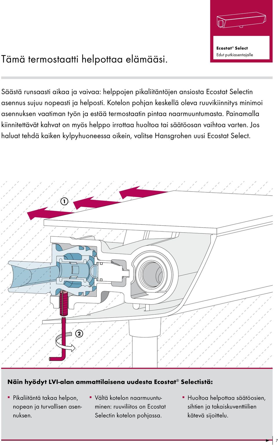 Painamalla kiinnitettävät kahvat on myös helppo irrottaa huoltoa tai säätöosan vaihtoa varten. Jos haluat tehdä kaiken kylpyhuoneessa oikein, valitse Hansgrohen uusi Ecostat Select.