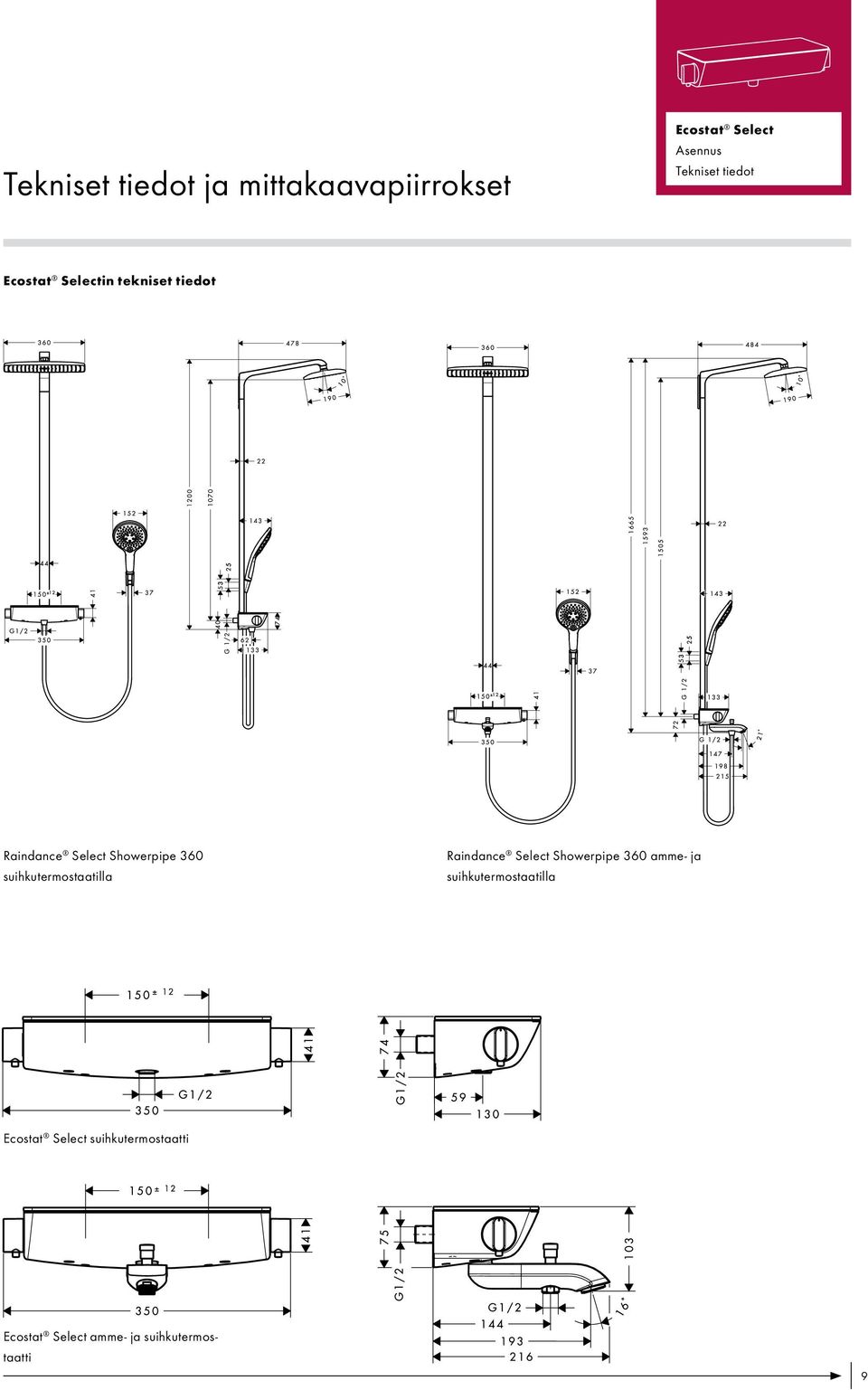 suihkutermostaatilla Raindance Select Showerpipe 360 amme- ja