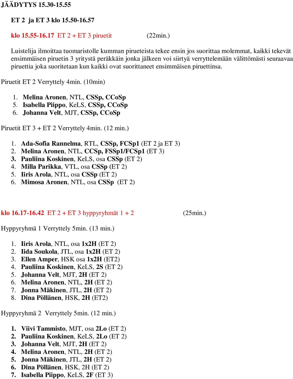 välittömästi seuraavaa piruettia joka suoritetaan kun kaikki ovat suorittaneet ensimmäisen piruettinsa. Piruetit ET 2 Verryttely 4min. (10min) 1. Melina Aronen, NTL, CSSp, CCoSp 5.