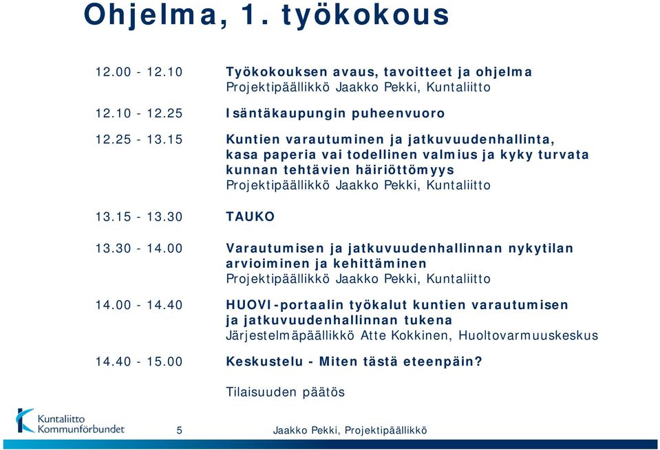 30 TAUKO 13.30-14.00 Varautumisen ja jatkuvuudenhallinnan nykytilan arvioiminen ja kehittäminen Projektipäällikkö Jaakko Pekki, Kuntaliitto 14.00-14.