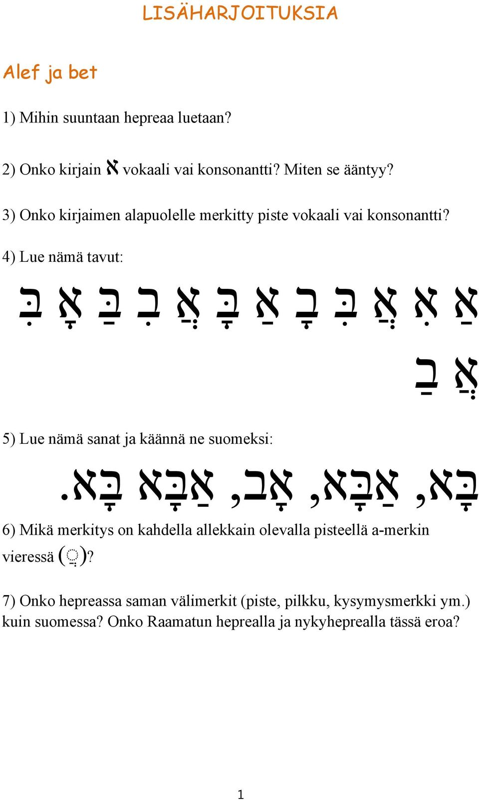 4) Lue nämä tavut: אַ א א בּ ב אַ בּ א ב בּ אָ בּ א ב 5) Lue nämä sanat ja käännä ne suomeksi: א בּ א בּ א.