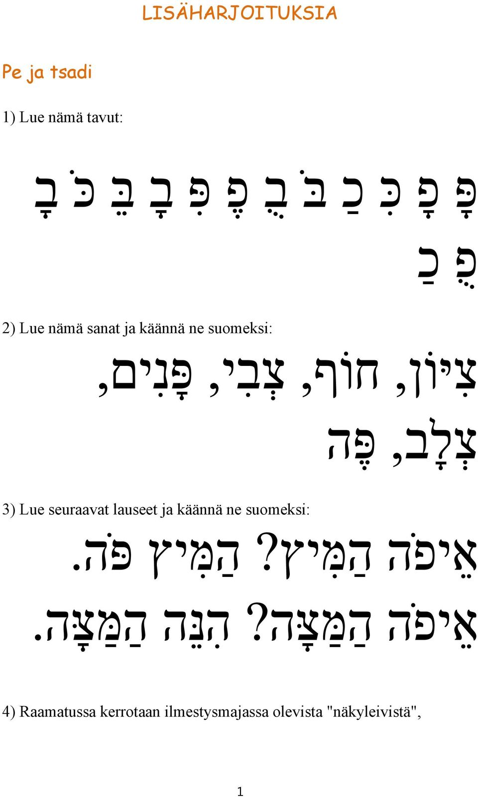 Lue seuraavat lauseet ja käännä ne suomeksi: א יפ ה ה מּ יץ? ה מּ יץ פּ ה.