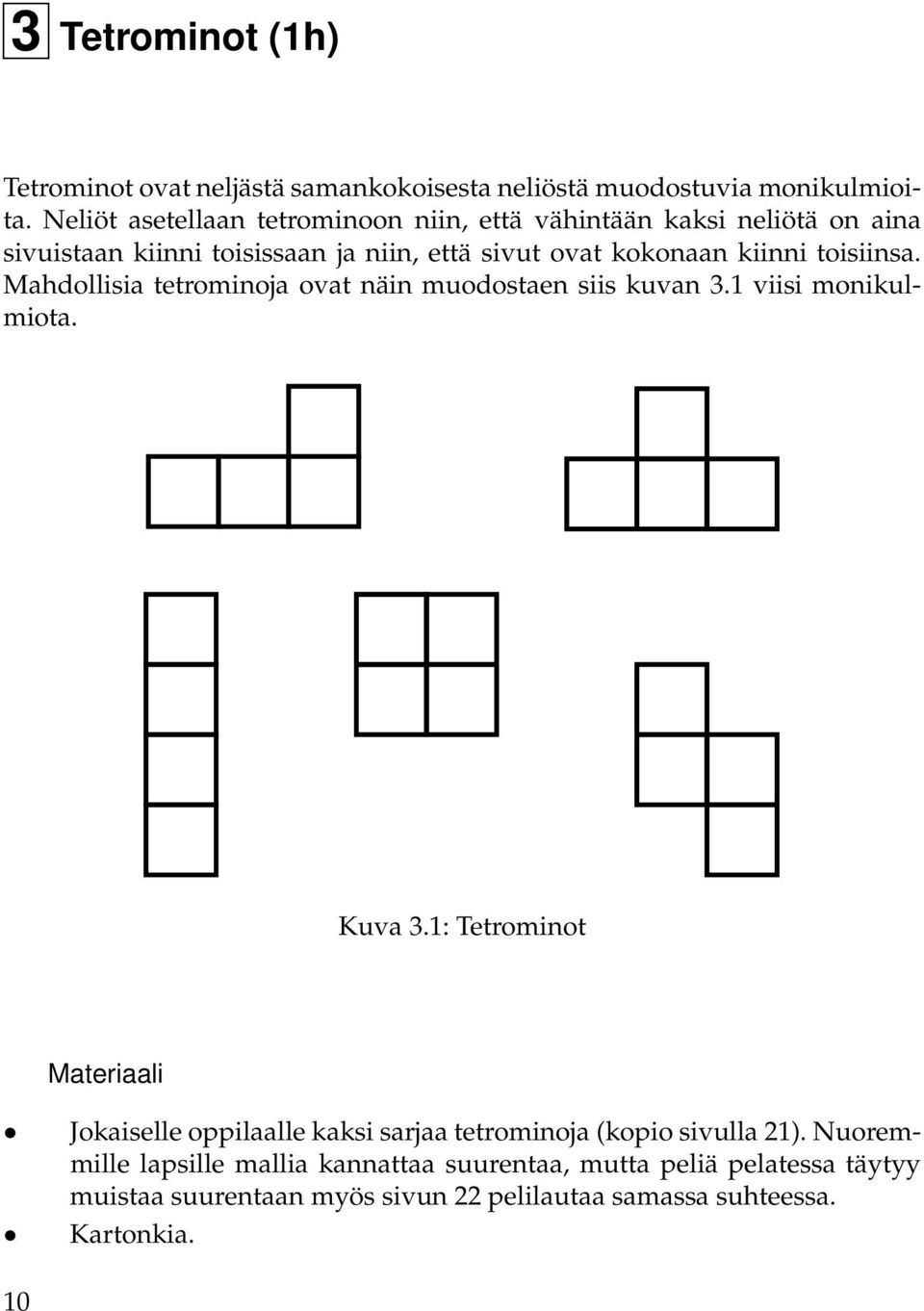 toisiinsa. Mahdollisia tetrominoja ovat näin muodostaen siis kuvan 3.1 viisi monikulmiota. Kuva 3.