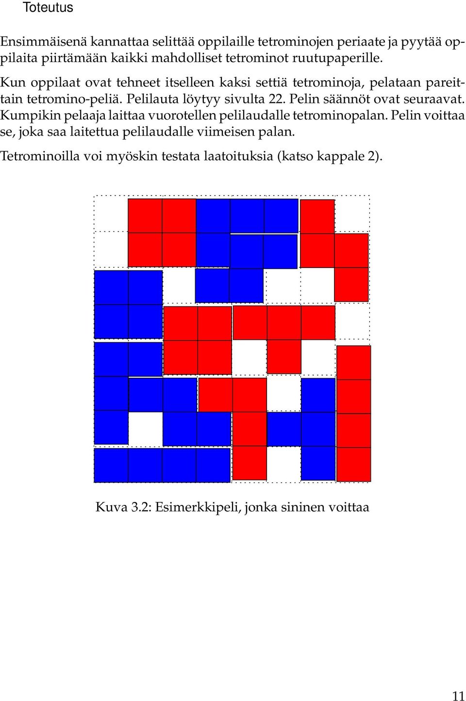 Pelilauta löytyy sivulta 22. Pelin säännöt ovat seuraavat. Kumpikin pelaaja laittaa vuorotellen pelilaudalle tetrominopalan.