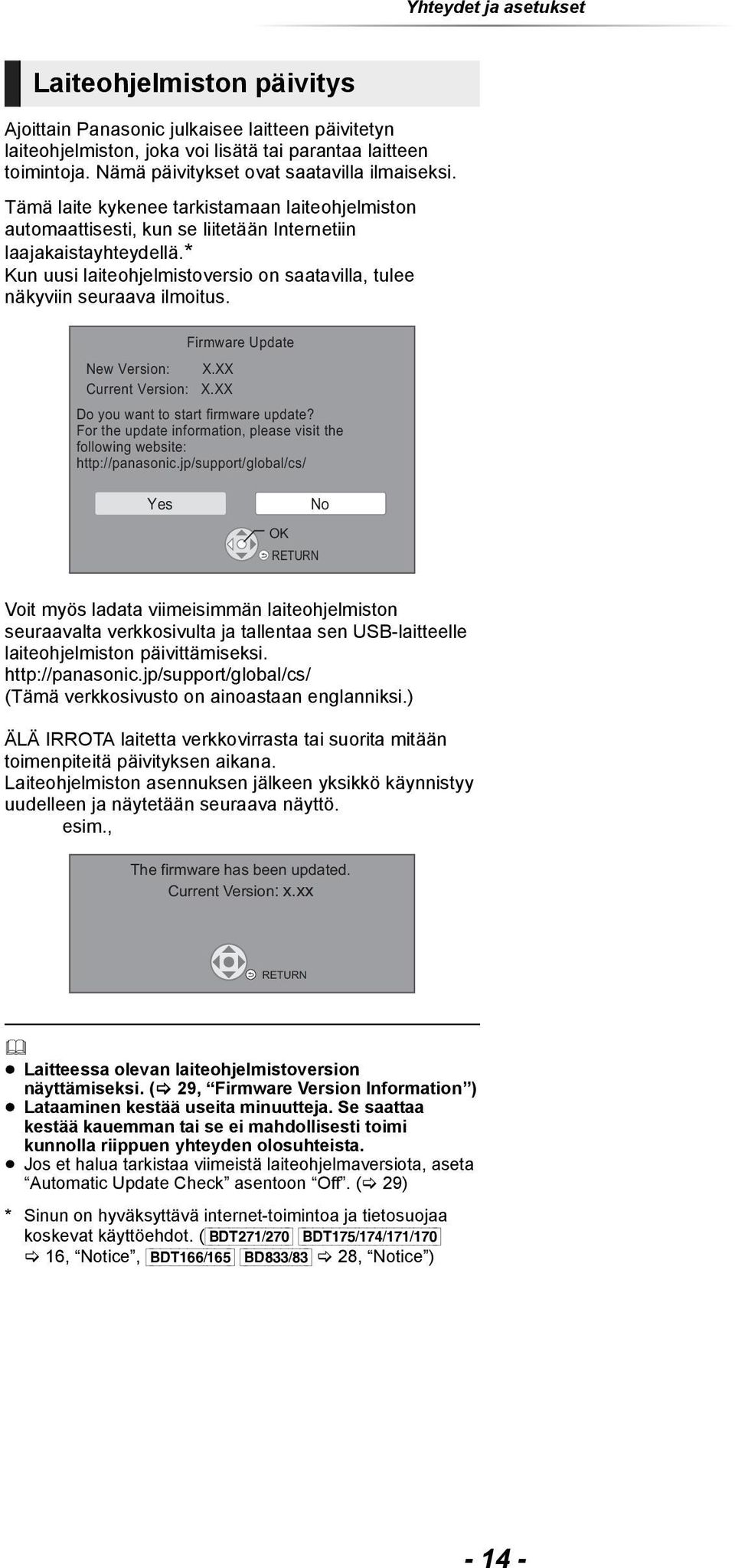 * Kun uusi laiteohjelmistoversio on saatavilla, tulee näkyviin seuraava ilmoitus. Firmware Update New Version: X.XX Current Version: X.XX Do you want to start firmware update?