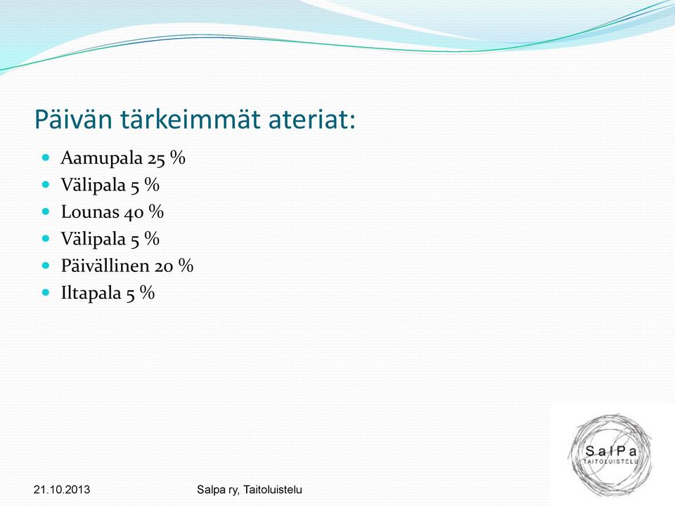 Lounas 40 % Välipala 5 %