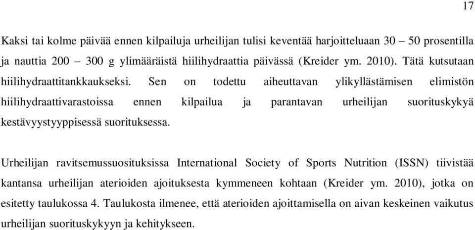 Sen on todettu aiheuttavan ylikyllästämisen elimistön hiilihydraattivarastoissa ennen kilpailua ja parantavan urheilijan suorituskykyä kestävyystyyppisessä suorituksessa.