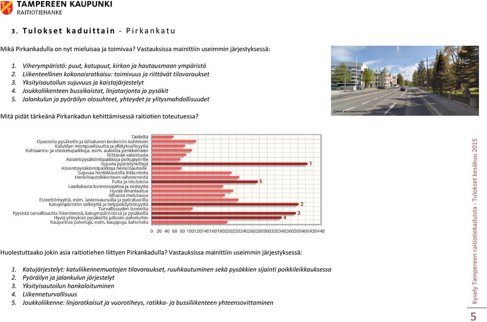 Joukkoliikenteen bussikaistat, linjatarjonta ja pysäkit 5. Jalankulun ja pyöräilyn olosuhteet, yhteydet ja ylitysmahdollisuudet Mitä pidät tärkeänä Pirkankadun kehittämisessä raitiotien toteutuessa?