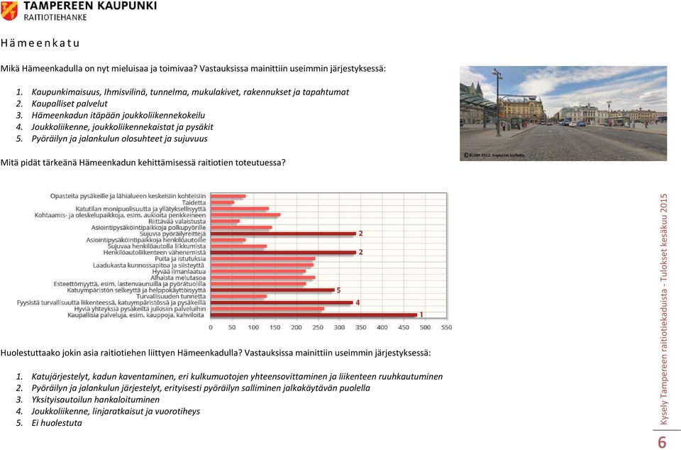 Pyöräilyn ja jalankulun olosuhteet ja sujuvuus Mitä pidät tärkeänä Hämeenkadun kehittämisessä raitiotien toteutuessa? Huolestuttaako jokin asia raitiotiehen liittyen Hämeenkadulla?