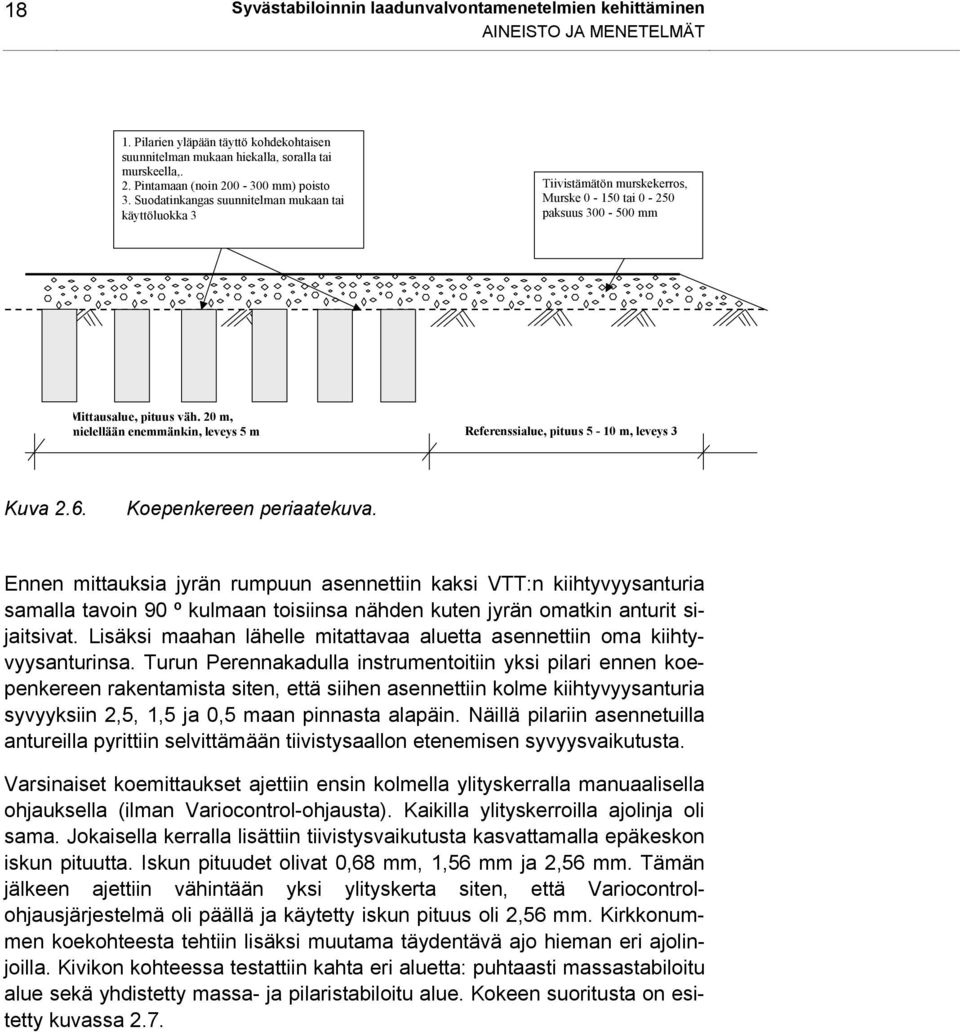 20 m, mielellään enemmänkin, leveys 5 m Referenssialue, pituus 5-10 m, leveys 3 Kuva 2.6. Koepenkereen periaatekuva.