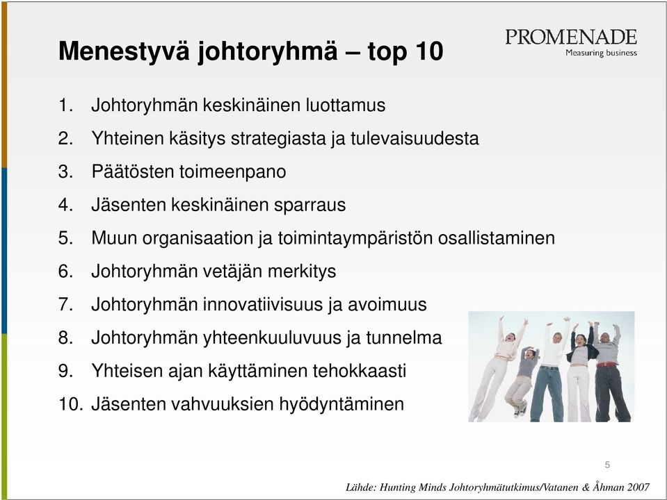 Johtoryhmän vetäjän merkitys 7. Johtoryhmän innovatiivisuus ja avoimuus 8. Johtoryhmän yhteenkuuluvuus ja tunnelma 9.