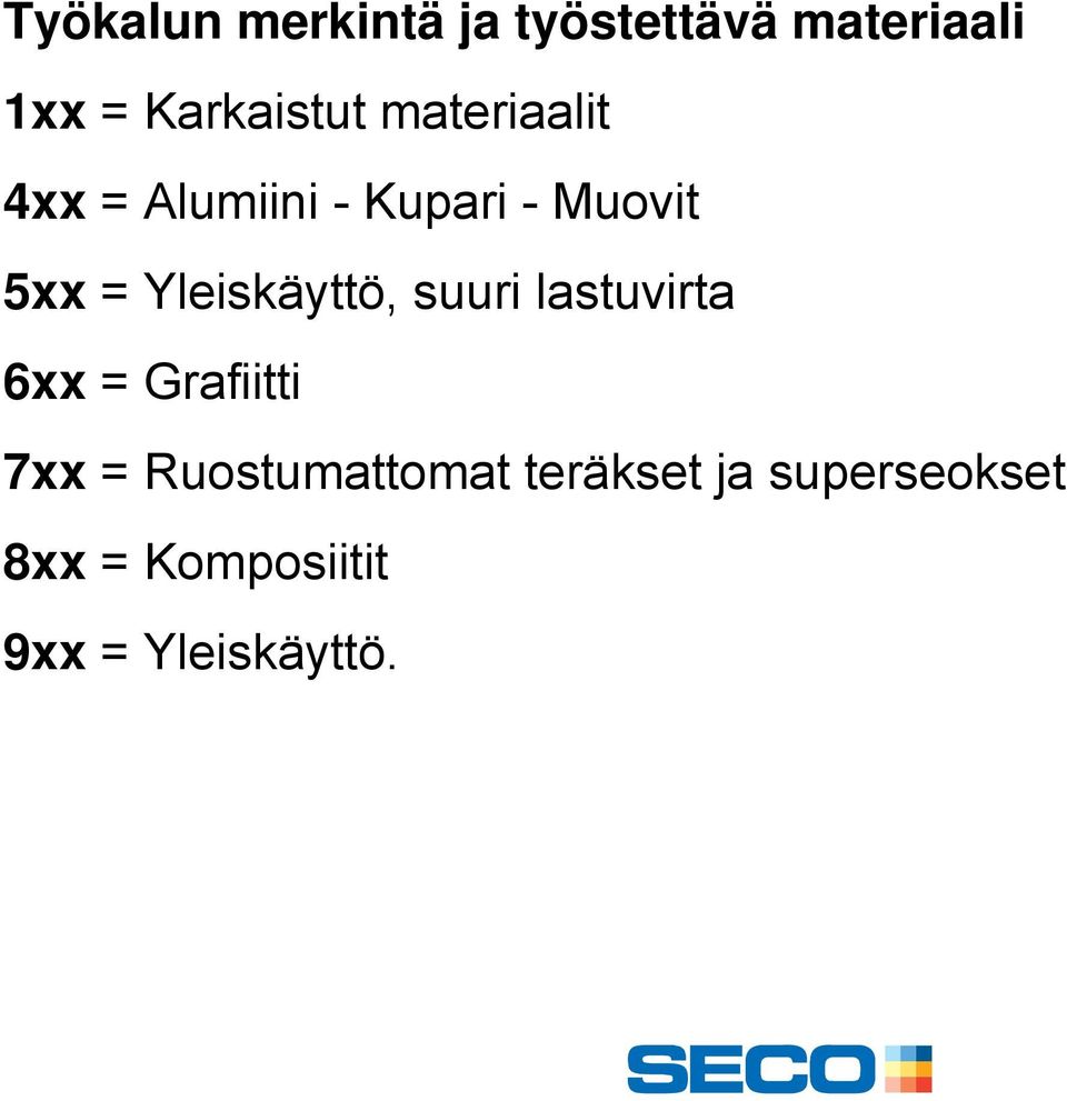 = Yleiskäyttö, suuri lastuvirta 6xx = Grafiitti 7xx =