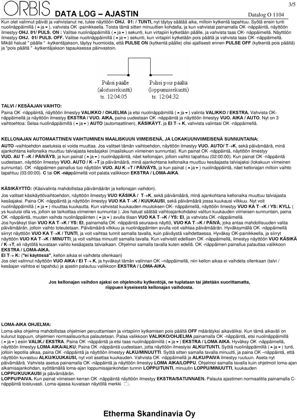 ON : Valitse nuolinäppäimillä ( ja ) sekunti, kun virtapiiri kytketään päälle, ja vahvista taas OK- näppäimellä. Näyttöön ilmestyy OHJ. 01/ PULS. OFF.