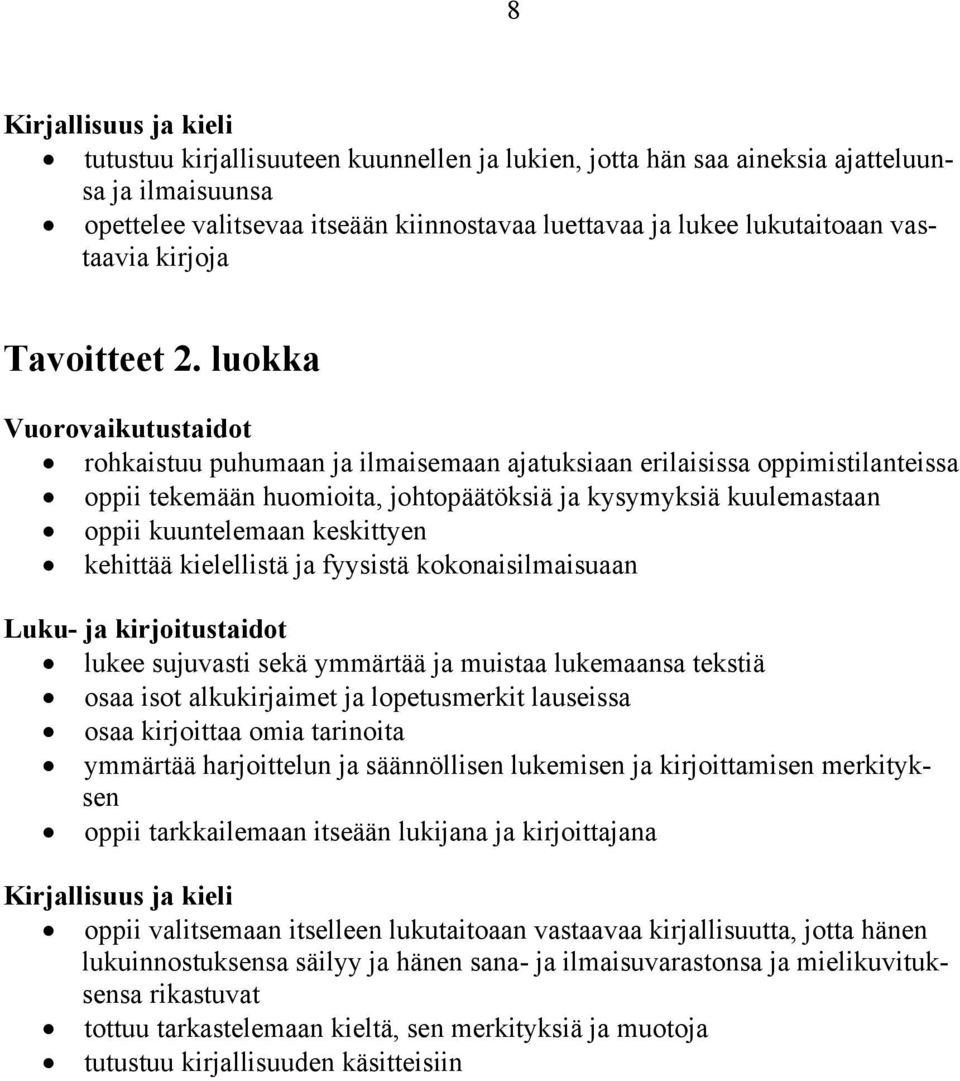luokka Vuorovaikutustaidot rohkaistuu puhumaan ja ilmaisemaan ajatuksiaan erilaisissa oppimistilanteissa oppii tekemään huomioita, johtopäätöksiä ja kysymyksiä kuulemastaan oppii kuuntelemaan