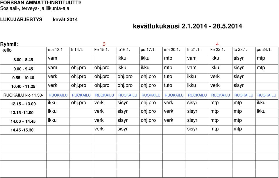 30- RUOKAILU RUOKAILU RUOKAILU RUOKAILU RUOKAILU RUOKAILU RUOKAILU RUOKAILU RUOKAILU RUOKAILU 12.15 13.00 ikku ohj.pro verk sisyr ohj.pro verk sisyr mtp mtp ikku 13.15-14.