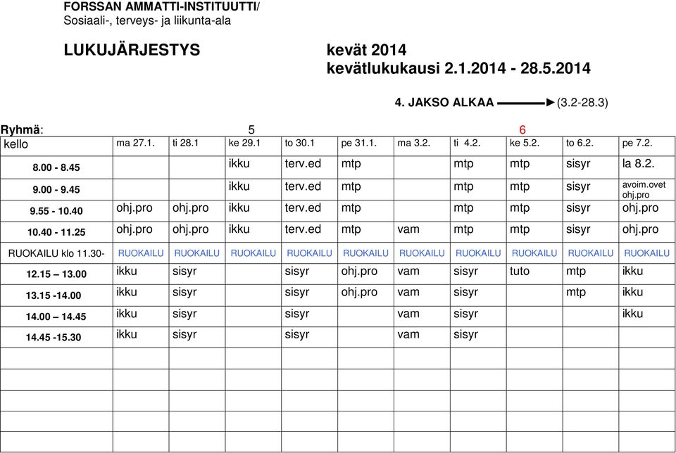 25 ohj.pro ohj.pro ikku terv.ed mtp vam mtp mtp sisyr ohj.pro RUOKAILU klo 11.