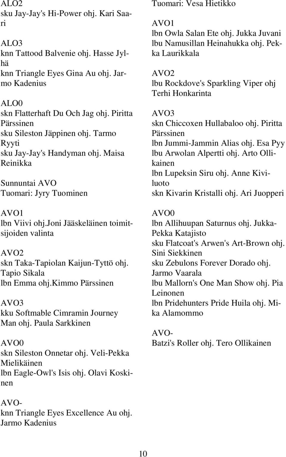 joni Jääskeläinen toimitsijoiden valinta AVO2 skn Taka-Tapiolan Kaijun-Tyttö ohj. Tapio Sikala lbn Emma ohj.kimmo Pärssinen AVO3 kku Softmable Cimramin Journey Man ohj.