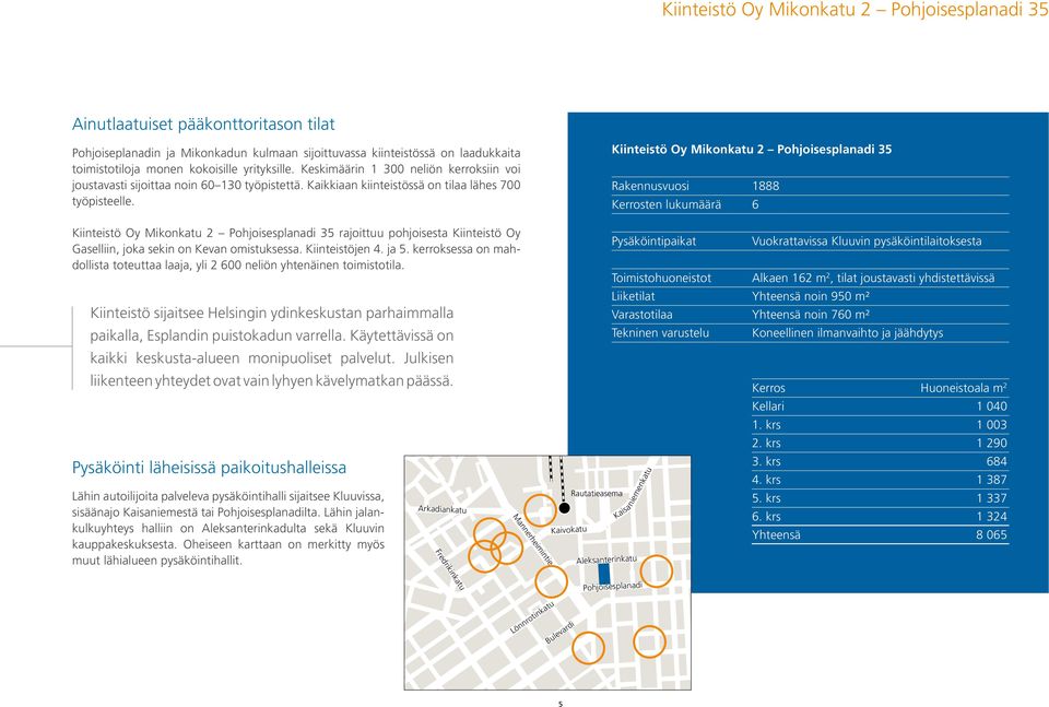 Helsinginkatu Kiinteistö Oy 2 Pohjoisesplanadi 35 Rakennusvuosi 1888 Kerrosten lukumäärä 6 KALASATAMA Kiinteistö Oy 2 Pohjoisesplanadi 35 rajoittuu pohjoisesta Kiinteistö Oy Gaselliin, joka sekin on