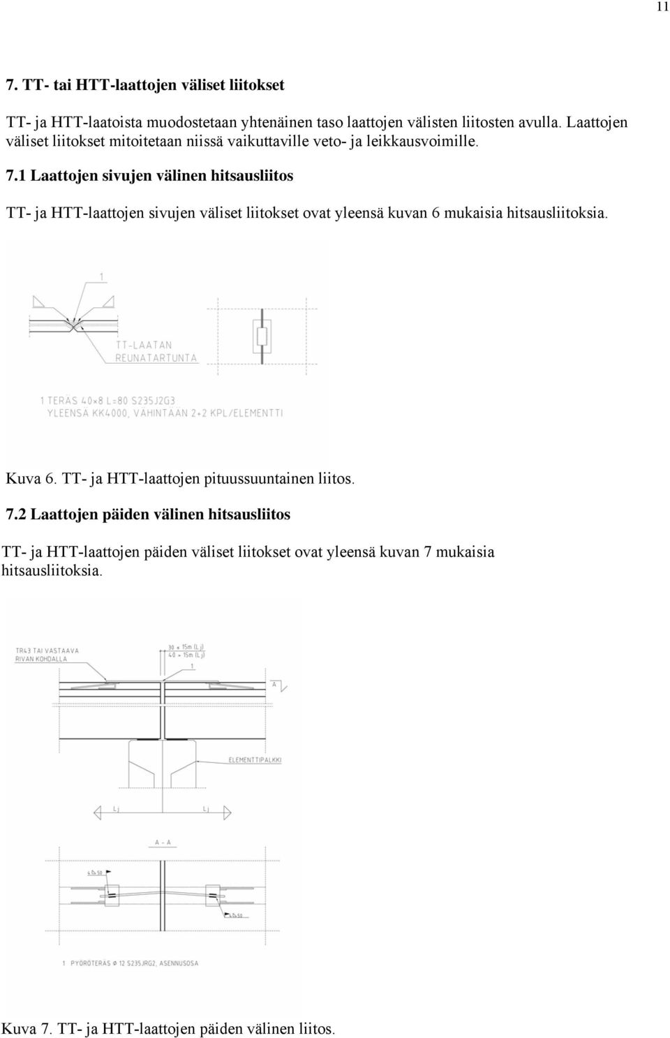 1 Laattojen sivujen välinen hitsausliitos TT- ja HTT-laattojen sivujen väliset liitokset ovat yleensä kuvan 6 mukaisia hitsausliitoksia. Kuva 6.