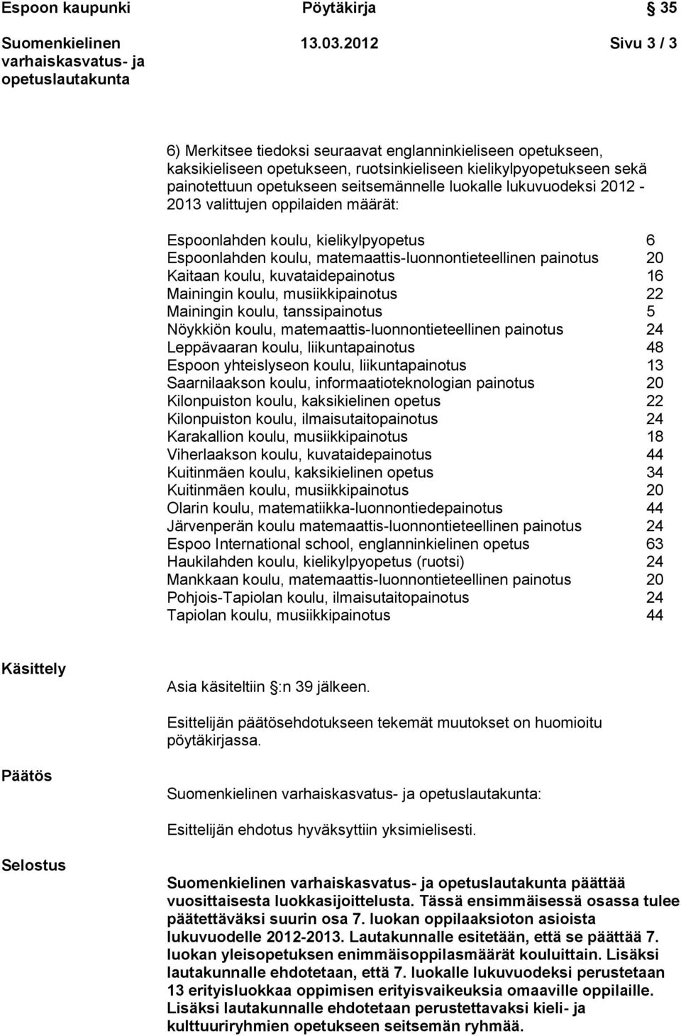 lukuvuodeksi 2012-2013 valittujen oppilaiden määrät: Espoonlahden koulu, kielikylpyopetus 6 Espoonlahden koulu, matemaattis-luonnontieteellinen painotus 20 Kaitaan koulu, kuvataidepainotus 16