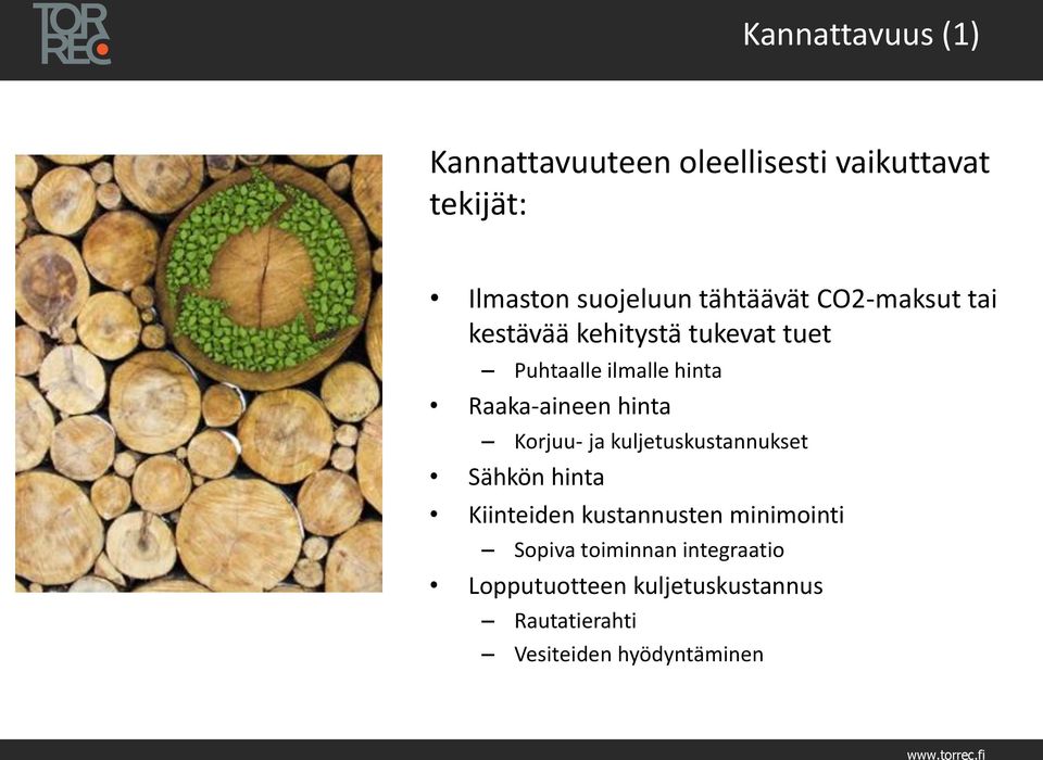 Raaka-aineen hinta Korjuu- ja kuljetuskustannukset Sähkön hinta Kiinteiden kustannusten